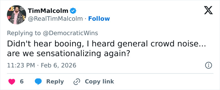 Tweet from TimMalcolm questioning if JD Vance was booed or if it was just crowd noise at Winter Olympics inauguration.