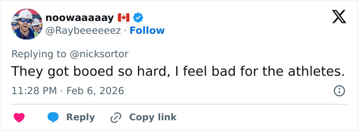 Tweet by noowaaaay expressing feeling bad for the athletes after JD Vance gets booed at Winter Olympics ceremony.