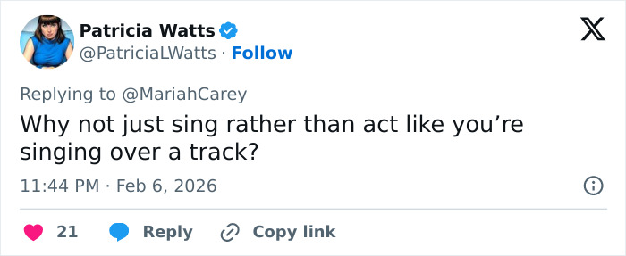 Twitter comment criticizing Mariah Carey's lip-syncing during 2026 Winter Games opening ceremony performance backlash.