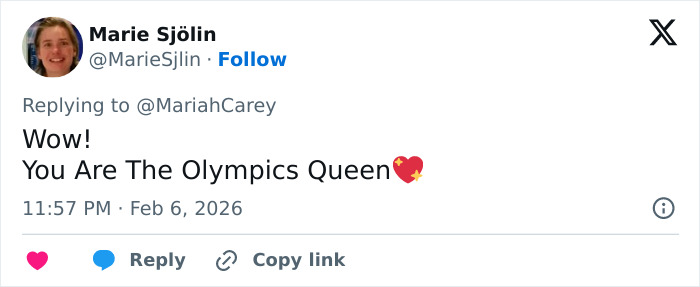 Screenshot of a tweet praising Mariah Carey as the Olympics Queen following her 2026 Winter Games performance.