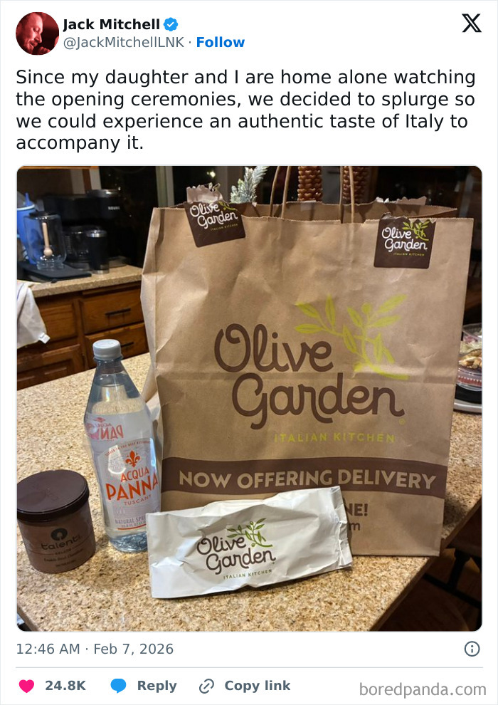 Tweet showing Olive Garden takeout bag and water as a funny moment related to 2026 Winter Olympics watching at home.