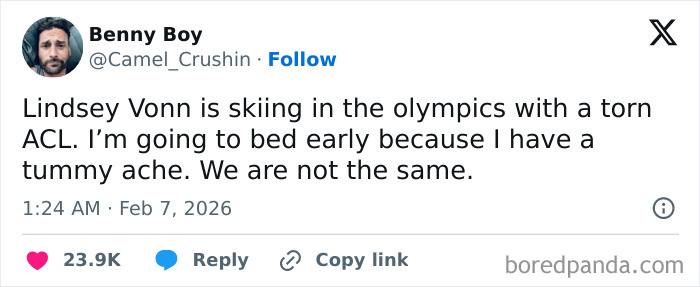 Tweet about Lindsey Vonn skiing in the 2026 Winter Olympics, highlighting savage and funny Olympic moments.