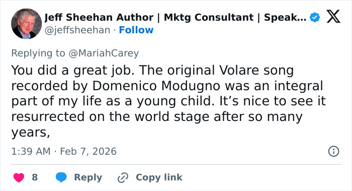 Screenshot of a tweet praising Mariah Carey's performance during the 2026 Winter Games opening ceremony.