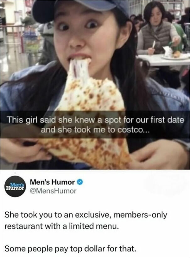 Young woman eating large pizza slice at Costco with humorous meme text about relatable memes hitting way too close to home.