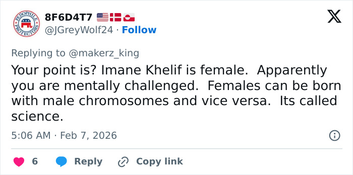 Tweet discussing Imane Khelif as female with male Y chromosome gene controversy explained scientifically.
