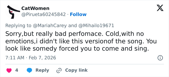 Tweet criticizing Mariah Carey's performance at 2026 Winter Games opening ceremony, highlighting backlash and negative feedback.