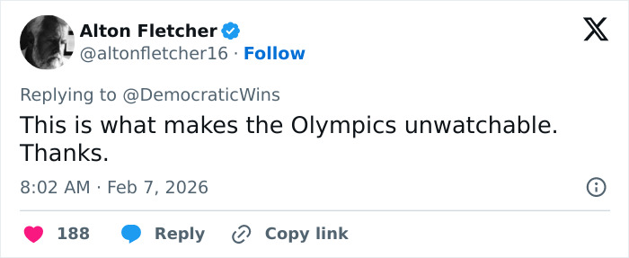 Tweet from Alton Fletcher criticizing the Olympics, displayed in a Twitter interface with icons and engagement metrics.