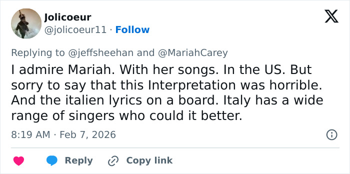 Tweet criticizing Mariah Carey's 2026 Winter Games opening ceremony performance with backlash over her song interpretation.