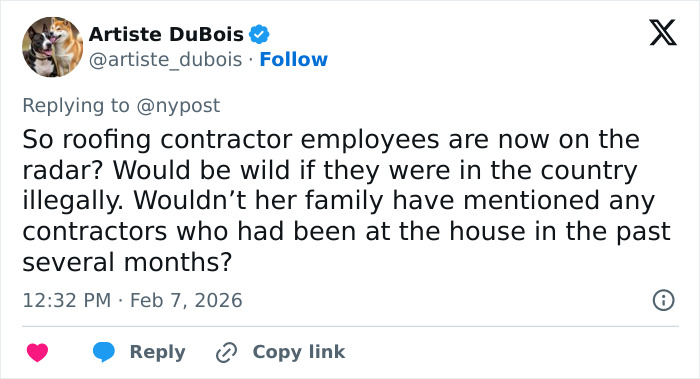 Screenshot of a social media post discussing roofing contractor employees linked to police roof search triggered by neighbor information.