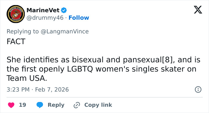 Tweet highlighting Amber Glenn as the first openly LGBTQ women's singles skater on Team USA facing backlash and threats.