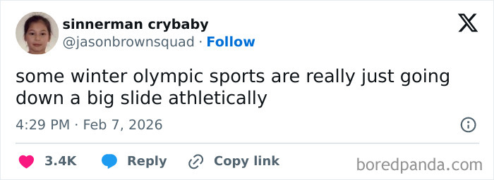 Funny tweet about winter Olympic sports humorously going down a big slide during 2026 Winter Olympics event.