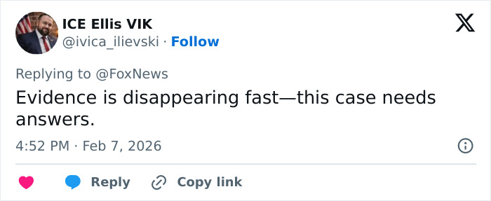 Screenshot of a tweet discussing evidence disappearance related to neighbor of Nancy Guthrie triggering police roof search.