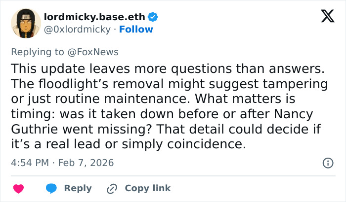 Tweet discussing the neighbor of Nancy Guthrie sharing crucial information that triggered a police roof search.