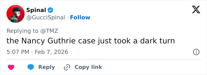 Tweet from Spinal commenting on the Nancy Guthrie case, highlighting a new development in the investigation.