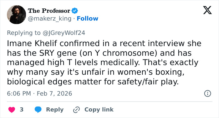 Tweet screenshot showing discussion on Imane Khelif admitting to having Y chromosome gene and implications for women’s boxing fairness.