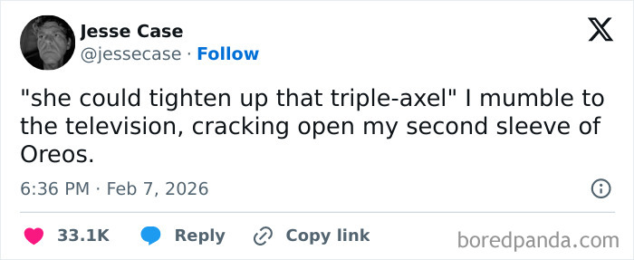 Screenshot of a chaotic and hilarious X post humorously mentioning a triple-axel and opening a second sleeve of Oreos.
