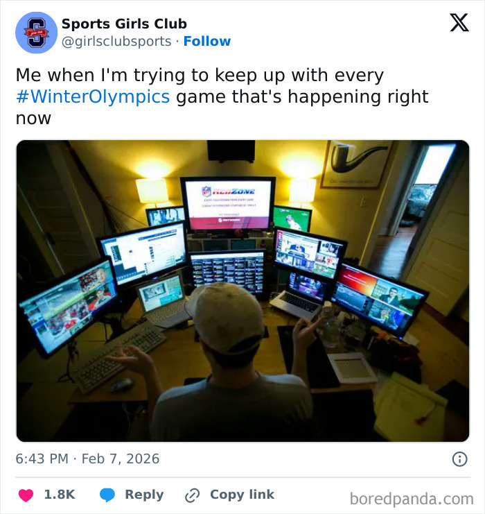Person surrounded by multiple screens watching and trying to keep up with every 2026 Winter Olympics game live.