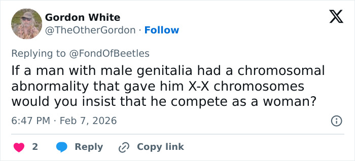 Screenshot of a tweet discussing male genitalia and chromosomal abnormalities related to the Y chromosome gene controversy.