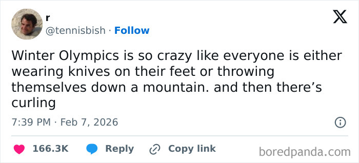 Screenshot of a chaotic and hilarious X post humorously describing the bizarre events of the Winter Olympics.