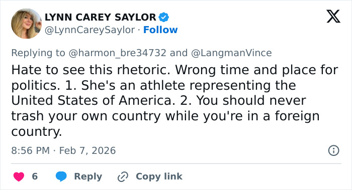 Screenshot of a tweet criticizing political rhetoric towards an athlete amid backlash and threats over beliefs.