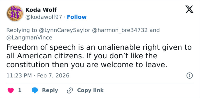 Screenshot of a tweet discussing freedom of speech and referencing backlash related to Amber Glenn’s beliefs online.