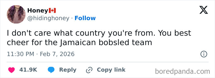 Tweet about cheering for the Jamaican bobsled team during the 2026 Winter Olympics with funny and savage comments.