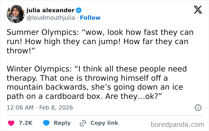 Tweet discussing the humorous and savage take on the 2026 Winter Olympics comparing summer and winter events.