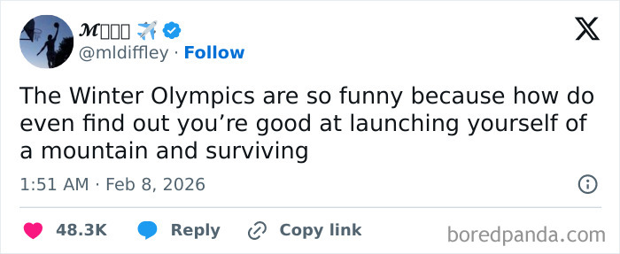 Tweet humor about the 2026 Winter Olympics describing the challenge of launching off a mountain and surviving.