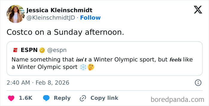 Screenshot of a funny tweet about the 2026 Winter Olympics comparing Costco to a Winter Olympic sport.