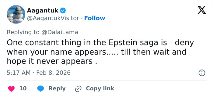 Tweet discussing the Dalai Lama’s mentions in the Epstein files, highlighting denial and public reaction.