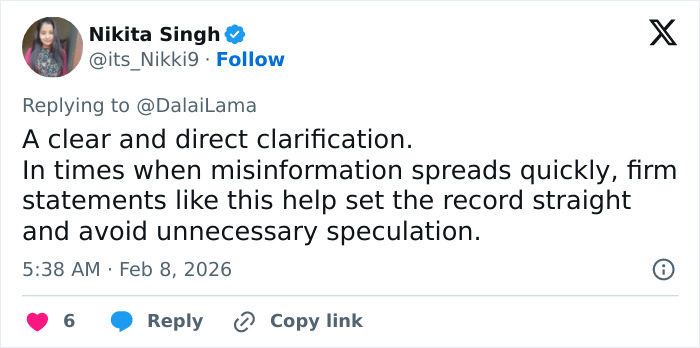 Tweet from Nikita Singh replying to Dalai Lama about a clear and direct clarification amid Epstein files misinformation.