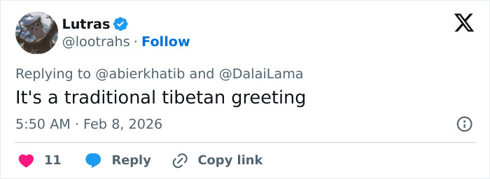 Dalai Lama responding with a traditional Tibetan greeting in a social media reply on February 8, 2026.