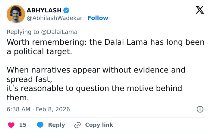 Screenshot of a tweet discussing the Dalai Lama as a political target amid Epstein files narratives.