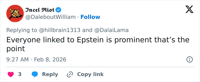Tweet discussing the Dalai Lama linked to Epstein, highlighting prominence and mentions in Epstein files.