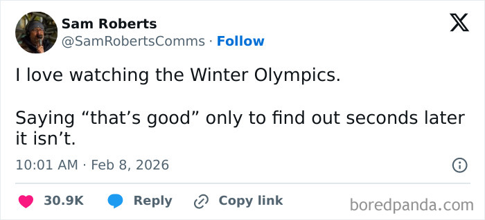 Tweet about watching the 2026 Winter Olympics and realizing a moment is not as good as it first seemed.