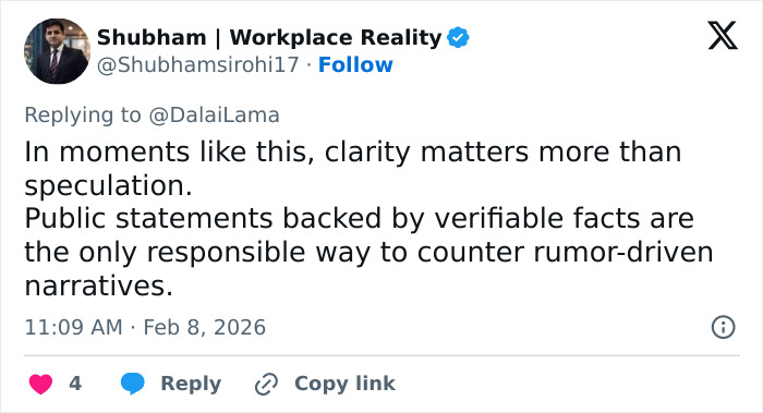 Tweet discussing the Dalai Lama breaking silence amid appearing over 150 times in the Epstein files, emphasizing clarity.
