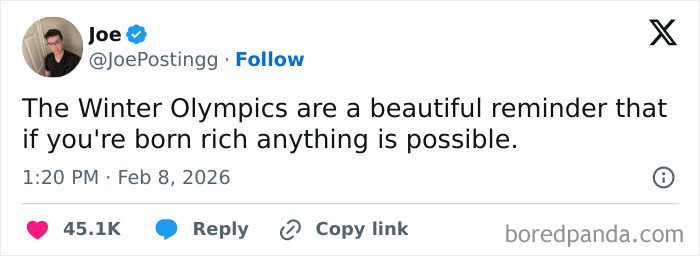 Tweet about the 2026 Winter Olympics referencing wealth and possibility, with engagement icons below the text.