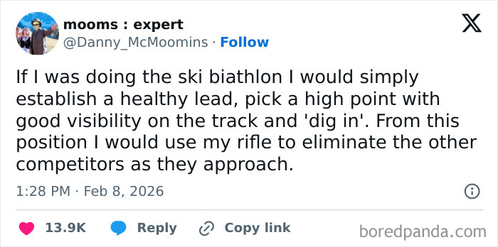 Tweet humorously describing a strategy for winning the ski biathlon, related to 2026 Winter Olympics tweets.
