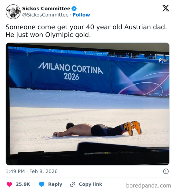 Tweet showing a man lying face down on snow at Milano Cortina 2026 Winter Olympics with funny Olympic humor.