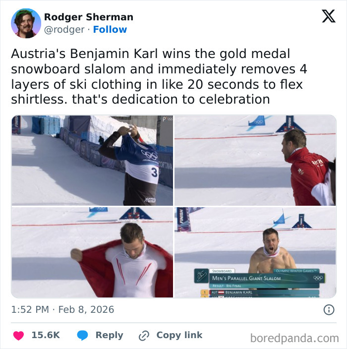 Collage of Austria's Benjamin Karl celebrating 2026 Winter Olympics snowboard gold by quickly removing layers of ski clothing.