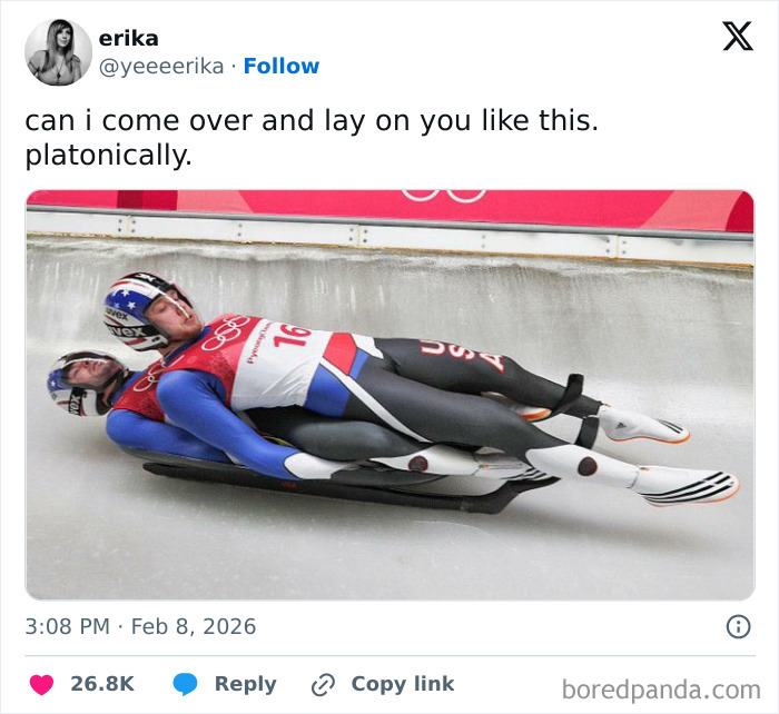 Tweet showing two athletes in a sled during the 2026 Winter Olympics, part of funny and savage reactions to the event.