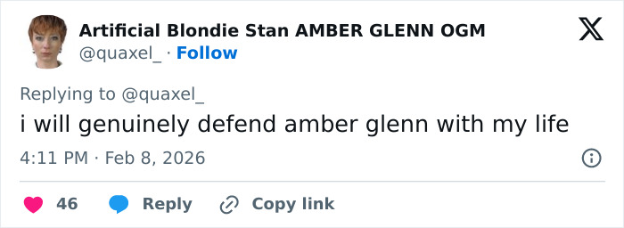 Screenshot of a social media post expressing strong support for Amber Glenn amidst backlash and threats over her beliefs.