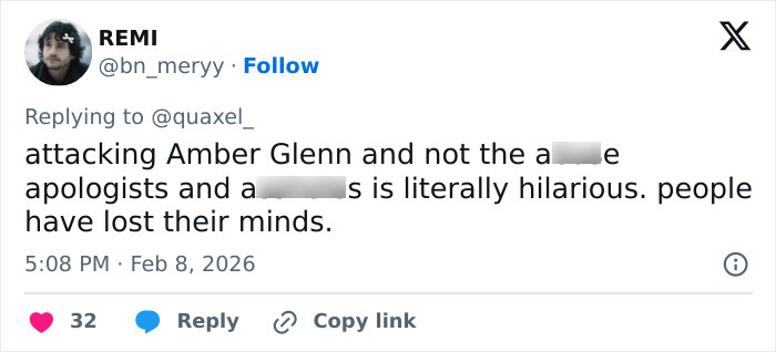 Tweet showing backlash and threats faced by Amber Glenn over her beliefs with blurred offensive words.