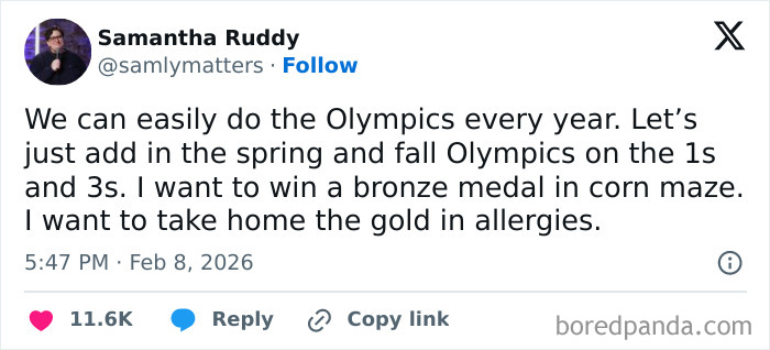 Tweet humorously suggesting adding spring and fall Olympics with made-up events, related to 2026 Winter Olympics funny tweets.