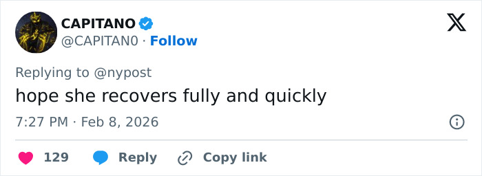 Tweet from user CAPITANO expressing hope for Lindsey Vonn’s full recovery after ICU stay following Winter Olympics crash.