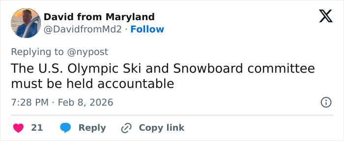 Tweet by David from Maryland expressing that the U.S. Olympic Ski and Snowboard committee must be held accountable after Lindsey Vonn's ICU stay.