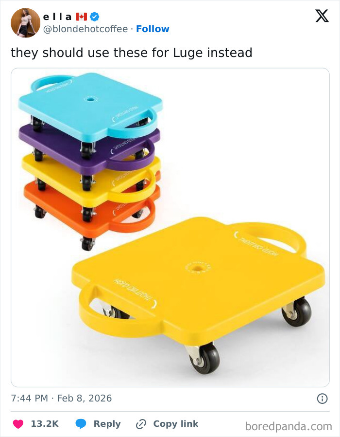 Colorful wheeled boards stacked, humorously suggested as equipment for 2026 Winter Olympics luge event in a viral tweet.