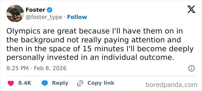 Tweet humorously describing becoming personally invested in the 2026 Winter Olympics after casual watching.