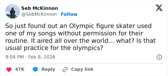 Tweet by Seb McKinnon about an Olympic figure skater using a song without permission, sparking questions about copyright.