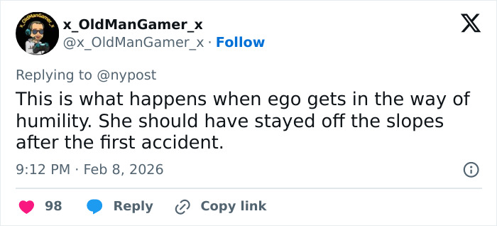 Tweet discussing consequences of ego after Lindsey Vonn's ICU stay following Winter Olympics crash injury.